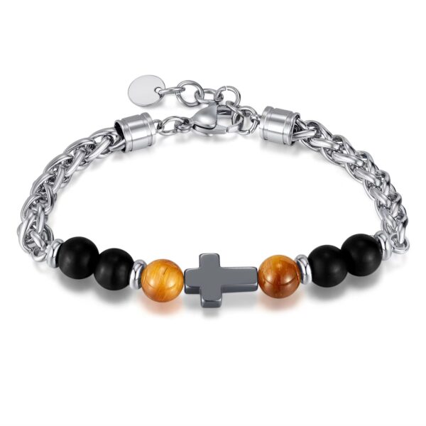 Handmade vintage Cross Tiger Eye beaded Stone bracelet - stainless steel, absorbing natural health energy of fashion men's bracelet - Image 6