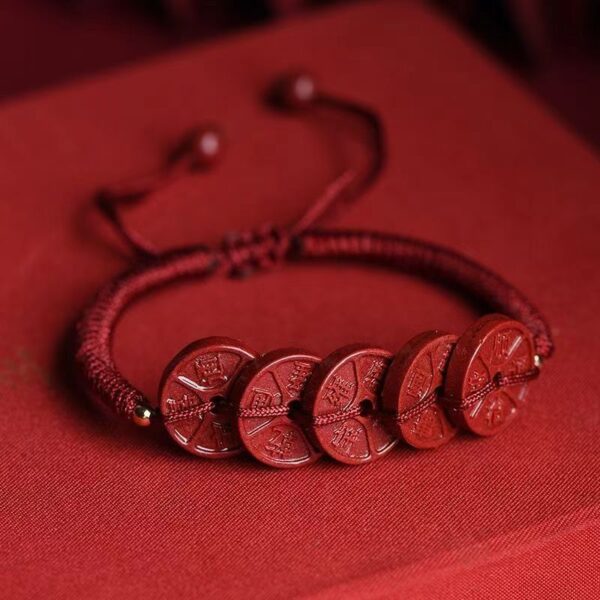 Natural cinnabar Mute Five Emperor Money bracelet - Calm, wisdom and happiness - Image 2