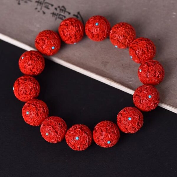 High content cinnabar Bracelet - Six words inlaid with turquoise, help you good luck and happiness - Image 3