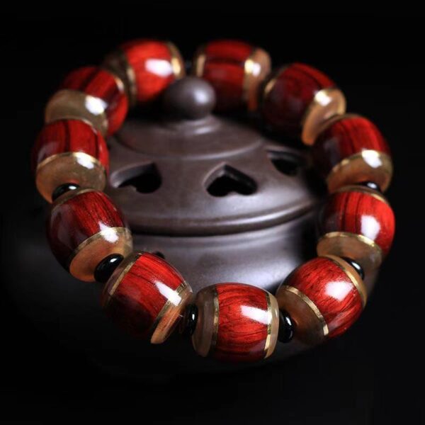 Natural red large leaf rosewood bucket beads inlaid with horns Men's Buddha Beads bracelet - the ideal choice for safety in transit