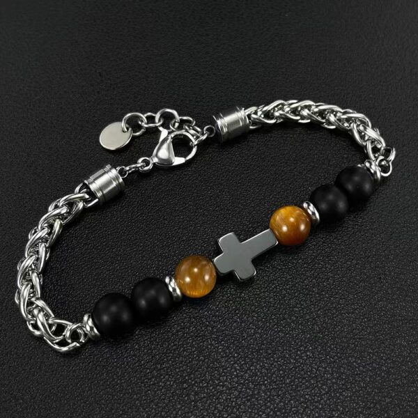 Handmade vintage Cross Tiger Eye beaded Stone bracelet - stainless steel, absorbing natural health energy of fashion men's bracelet - Image 2