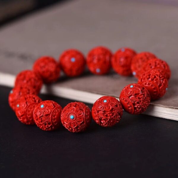 High content cinnabar Bracelet - Six words inlaid with turquoise, help you good luck and happiness - Image 2