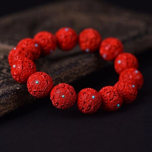 High content cinnabar Bracelet - Six words inlaid with turquoise, help you good luck and happiness