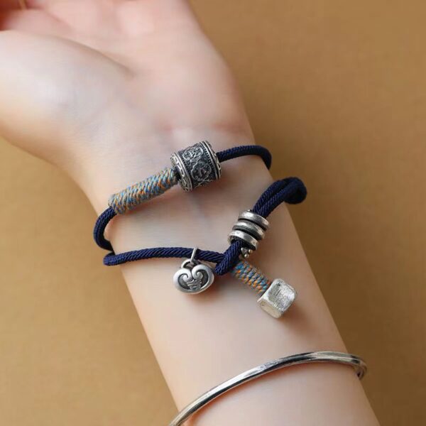 Silver six word truth hand-woven blue hand rope - Tibetan bracelet, peace auspicious and happiness guard - Image 5