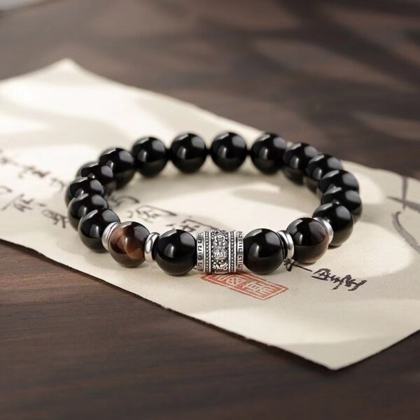 Pixiu Silver bracelet Man - rotating six-word truth obsidian bracelet to purify energy, good luck and health, the perfect gift for boyfriend