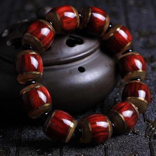 Natural red large leaf rosewood bucket beads inlaid with horns Men's Buddha Beads bracelet - the ideal choice for safety in transit - Image 3