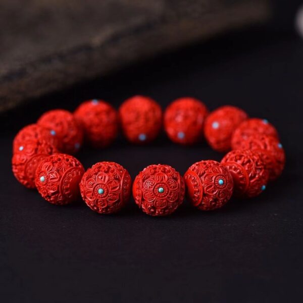 High content cinnabar Bracelet - Six words inlaid with turquoise, help you good luck and happiness - Image 5