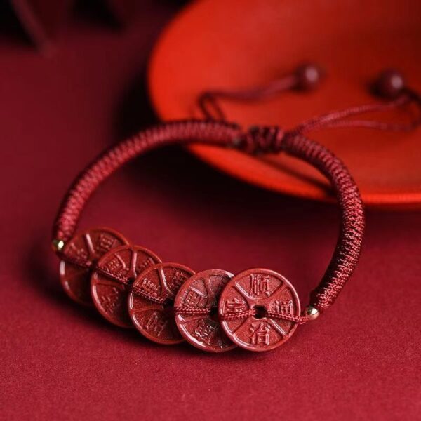 Natural cinnabar Mute Five Emperor Money bracelet - Calm, wisdom and happiness