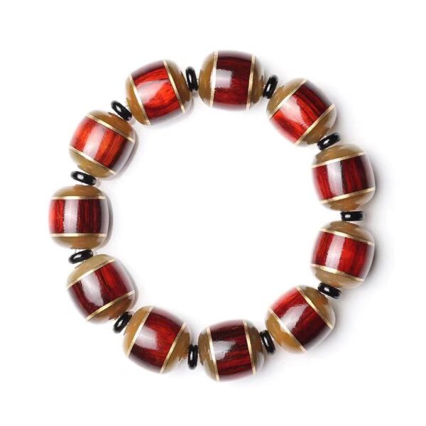 Natural red large leaf rosewood bucket beads inlaid with horns Men's Buddha Beads bracelet - the ideal choice for safety in transit - Image 5