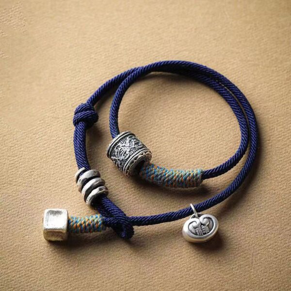 Silver six word truth hand-woven blue hand rope - Tibetan bracelet, peace auspicious and happiness guard - Image 2