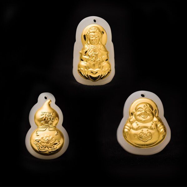 White jade Guanyin Maitreya Buddha gold inlaid jade gourd pendant -- Health protection, wealth and fortune, career and family prosperity