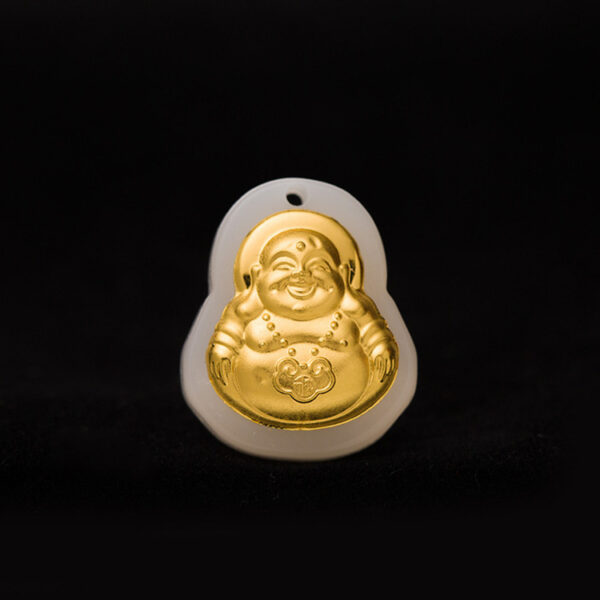 White jade Guanyin Maitreya Buddha gold inlaid jade gourd pendant -- Health protection, wealth and fortune, career and family prosperity - Image 4