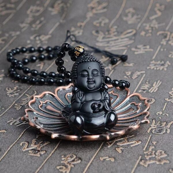 Natural obsidian baby Buddha necklace - Protection of peace, healthy growth, wisdom and inspiration, good fortune and good luck to ward off evil