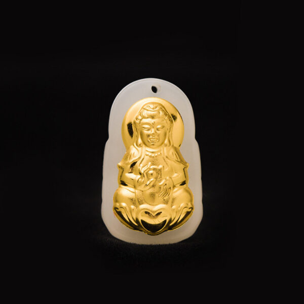 White jade Guanyin Maitreya Buddha gold inlaid jade gourd pendant -- Health protection, wealth and fortune, career and family prosperity - Image 3