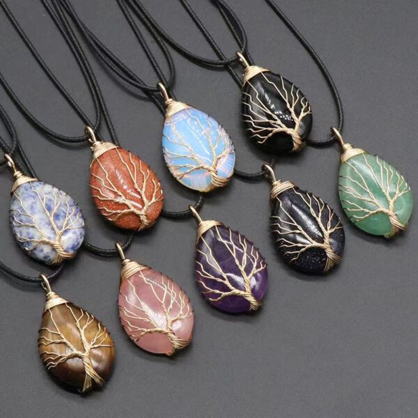 Natural placer gold stone Dongling Jade Opal stone egg Jewel Water Drop around silk Tree of Life pendant necklace - Peace | health | good luck - Image 2